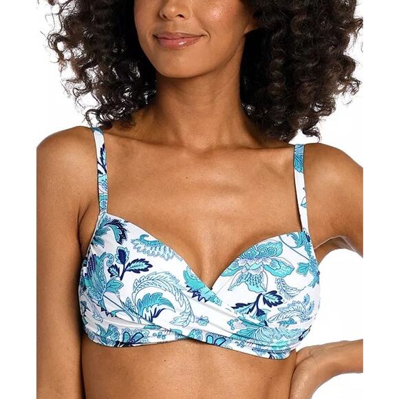 La Blanca Santorini Blue White Floral Print Wrap V-Neck Bikini Swim Top Size 12 - Picture 1 of 7